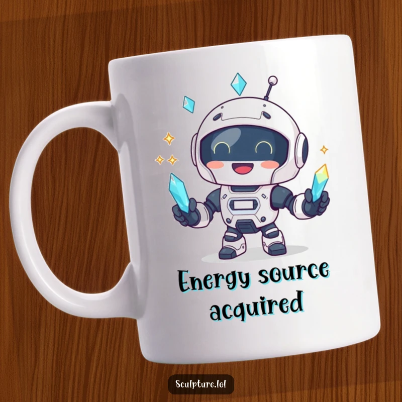 Funny little robot happily juggling three glowing crystals, depicted on a ceramic mug, perfect for coffee.