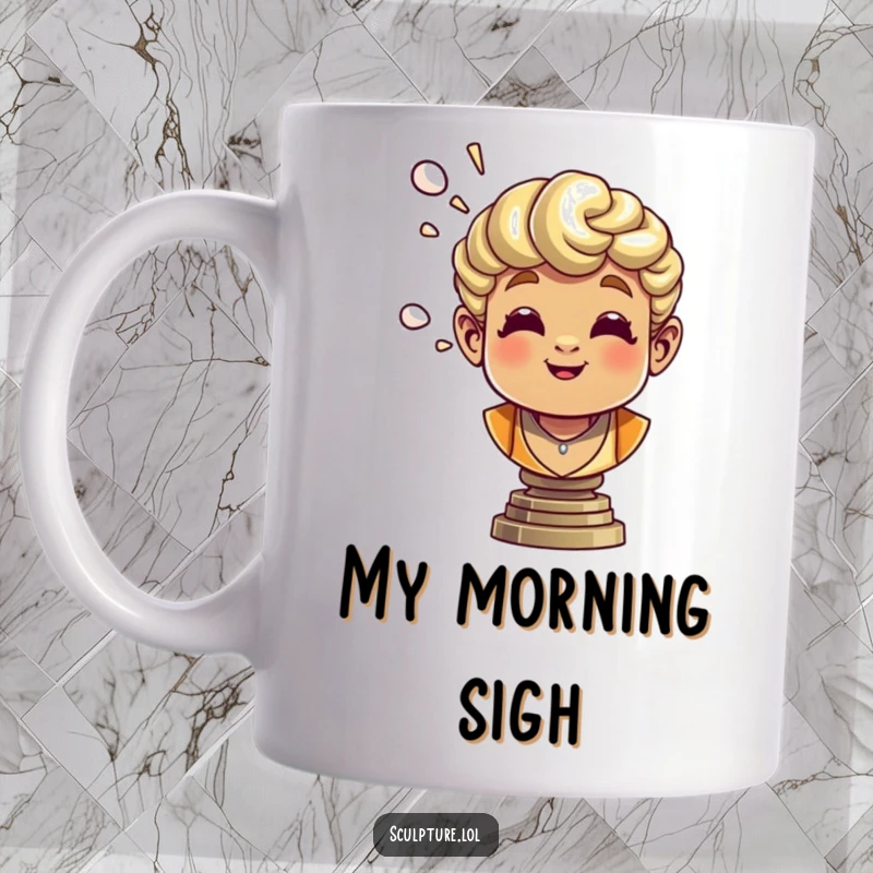 Funny bronze bust mug with a cheerful sculpture playfully blowing a puff of air, bringing artistic whimsy.