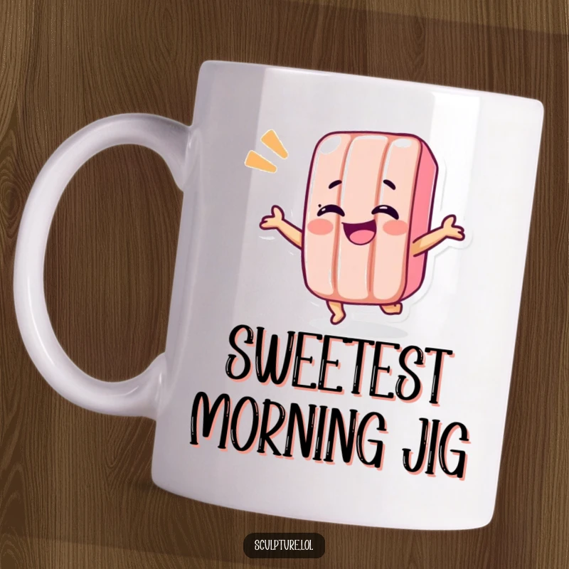 Funny candy bar mug featuring a smiling, anthropomorphic candy bar character doing a hilarious, energetic shimmy dance.