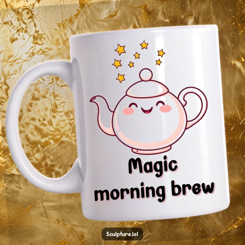 Funny mug depicting a cheerful teapot pouring a stream of twinkling stars instead of tea, inspiring wonder and joy.