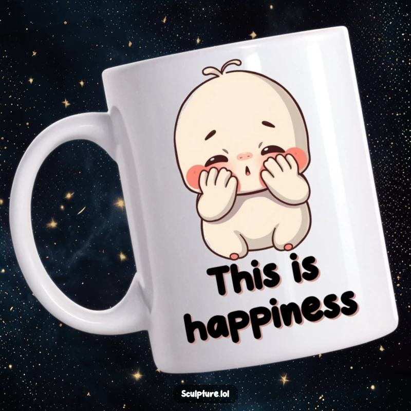 Funny chubby clay mug featuring a cute character joyfully smushing its face with its hands, expressing pure delight and deliciousness.