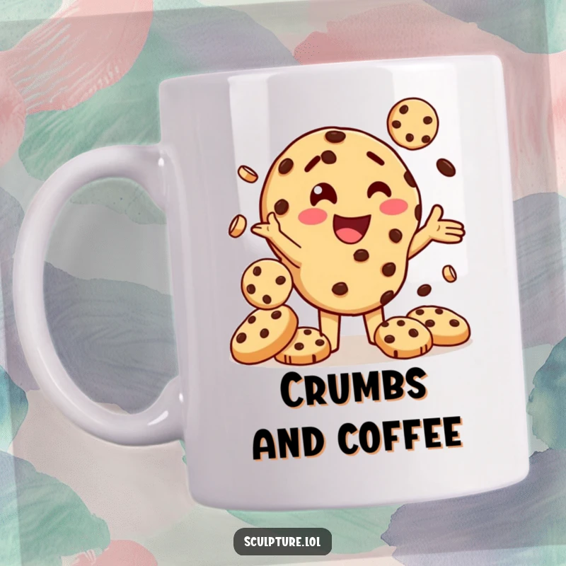 Funny mug featuring a delighted chocolate chip cookie character skillfully juggling smaller cookies, a whimsical and tasty scene.