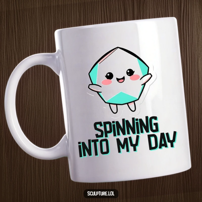 Funny cheerful geometric shape character mug, depicted mid-silly rotation, embodying playful energy and abstract fun.