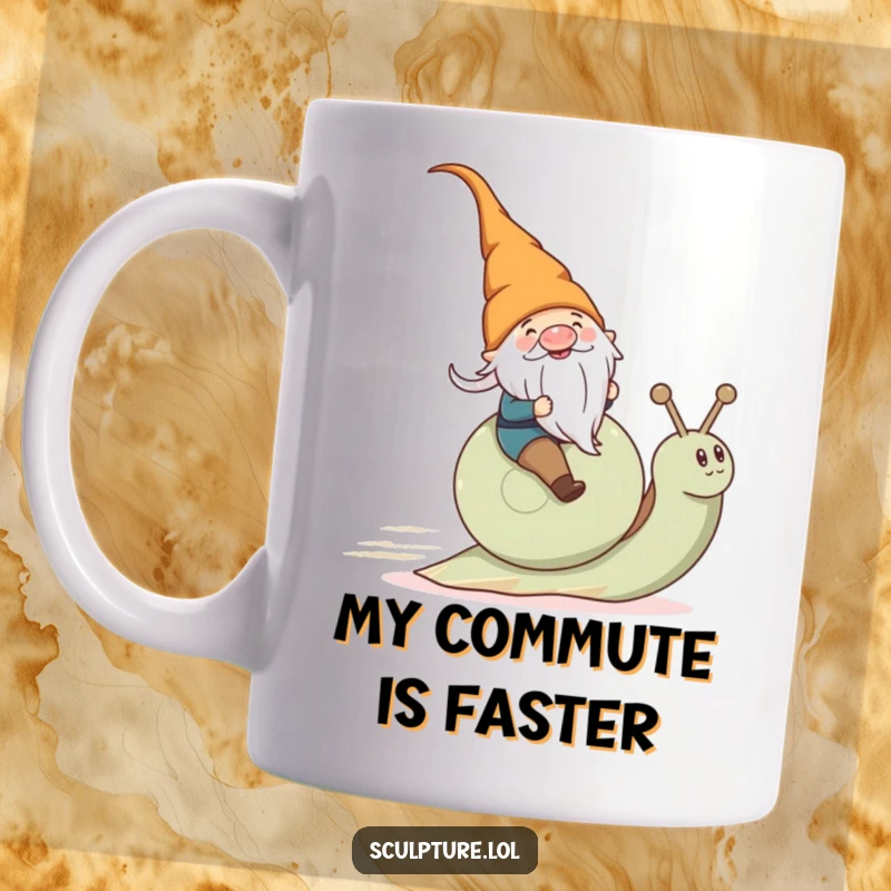 Funny gnome riding a fast snail with a huge grin, depicted on a ceramic mug, perfect for coffee lovers.