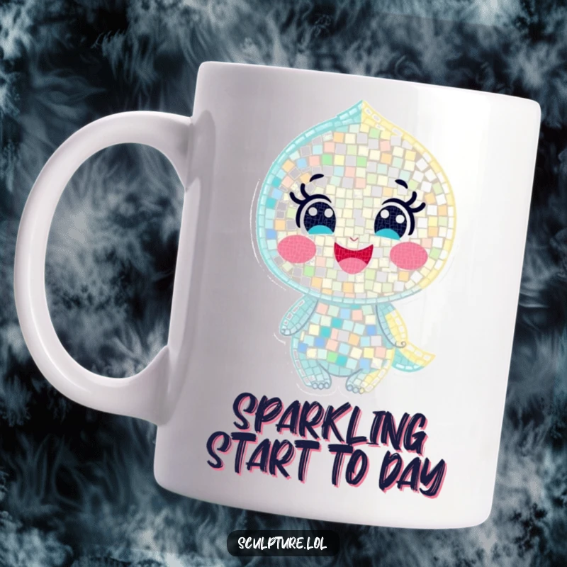 Funny mug showcasing a joyful mosaic character composed of tiny shimmering pieces, radiating happiness and light.