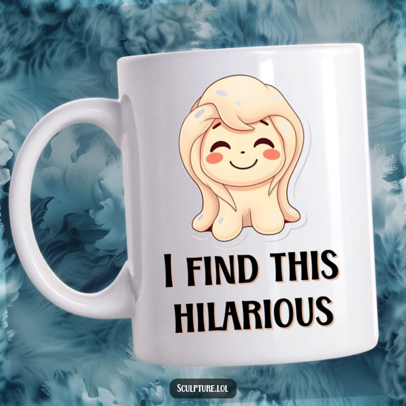 Funny smiling wax sculpture character mug, depicted melting slightly with a look of pure amusement and gentle humor.