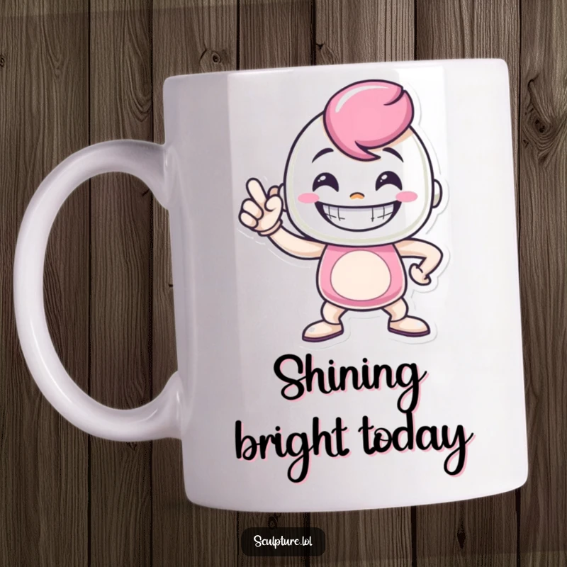 Funny metal casting mug featuring a grinning character in a proud, strong pose, symbolizing confidence and humorous strength.