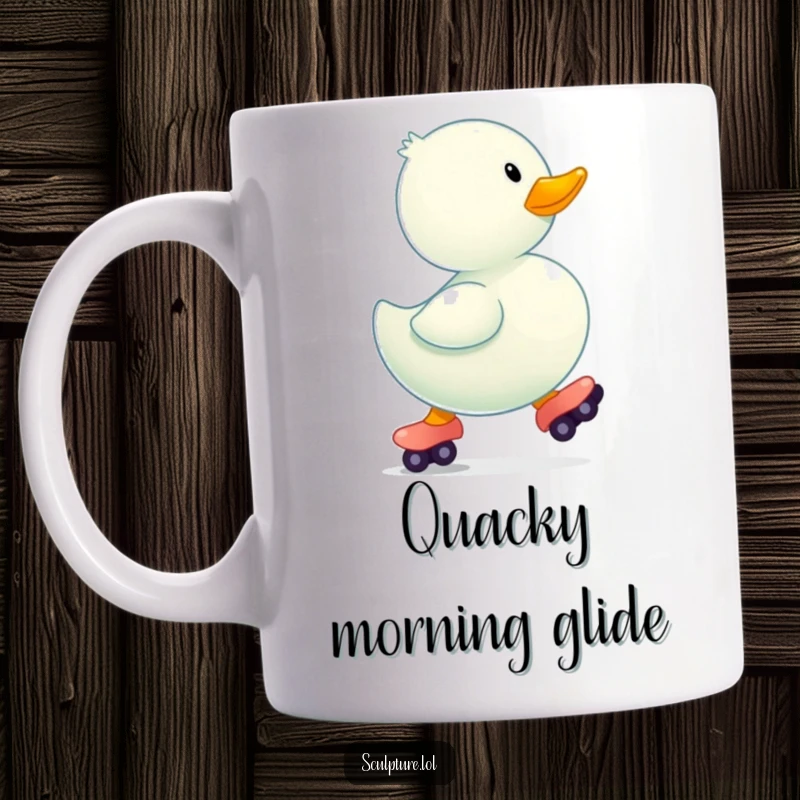 Funny bouncing rubber ducky wearing tiny roller skates on a mug, bringing bath time joy.