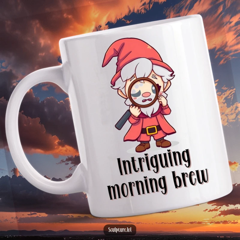 Funny tiny wizard mug, curious character looking through magnifying glass, exploration and discovery humor, magical quest gift, perfect funny gift.