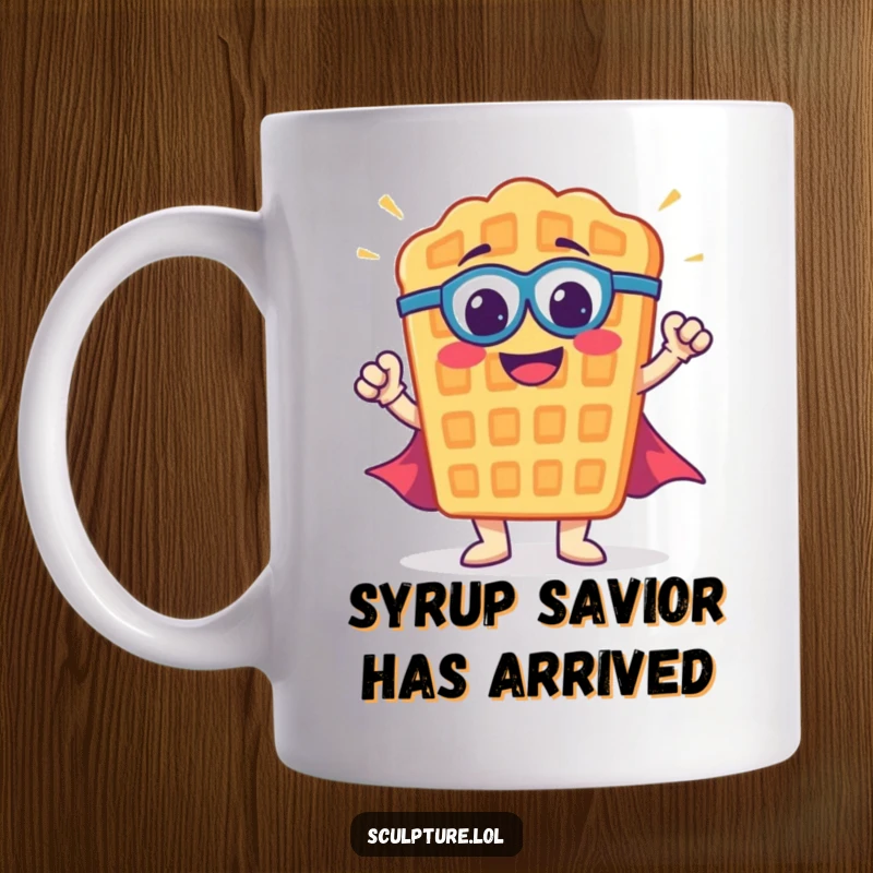 Funny waffle mug featuring a smiling superhero waffle striking a powerful, heroic pose, ready to save breakfast with a smile.