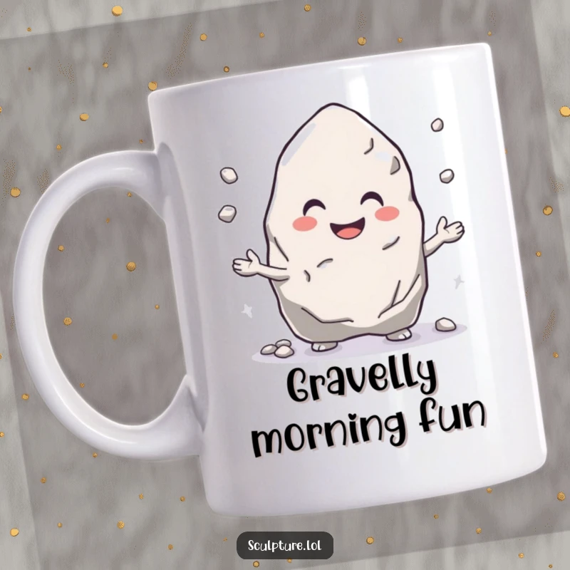 Funny mug with a smiling rock character gleefully juggling small pebbles, radiating pure joy and steady amusement.