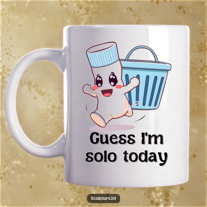 Funny mug featuring a wide-eyed sock comically running away from a smiling, chasing laundry basket, symbolizing a hilarious laundry day adventure.