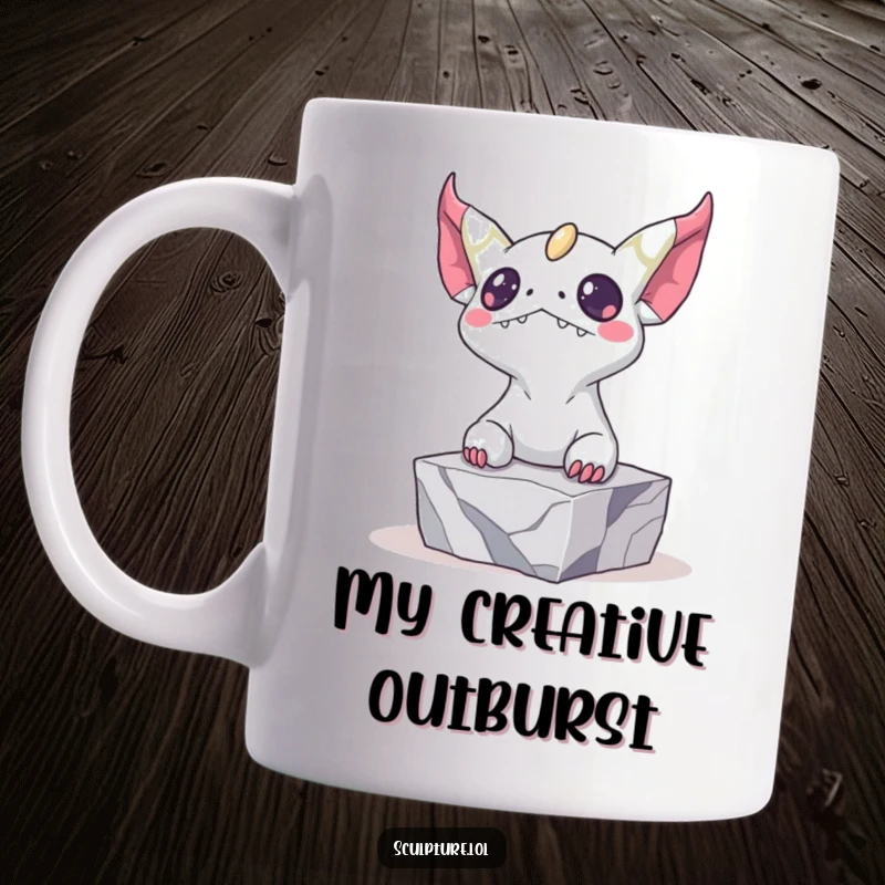 Funny mug featuring a bizarre creature character emerging dramatically from a block of marble, symbolizing unexpected art and humor.