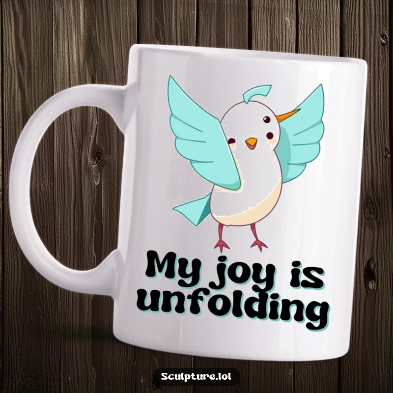 Funny playful origami bird unfolding with joy, depicted on a mug, perfect for a cheerful and funny gift.