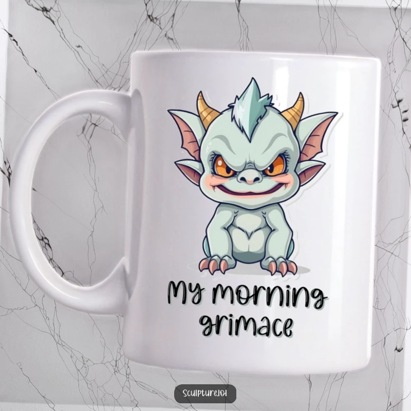 Funny mug featuring a mischievous gargoyle character making a funny, exaggerated face, embodying playful mischief and gothic charm.