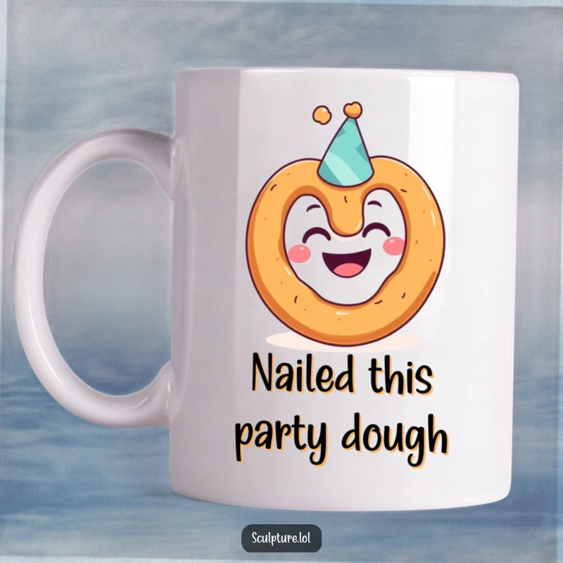 Funny mug depicting a grinning pretzel character wearing a comically small party hat, ready to celebrate any occasion with baked humor.