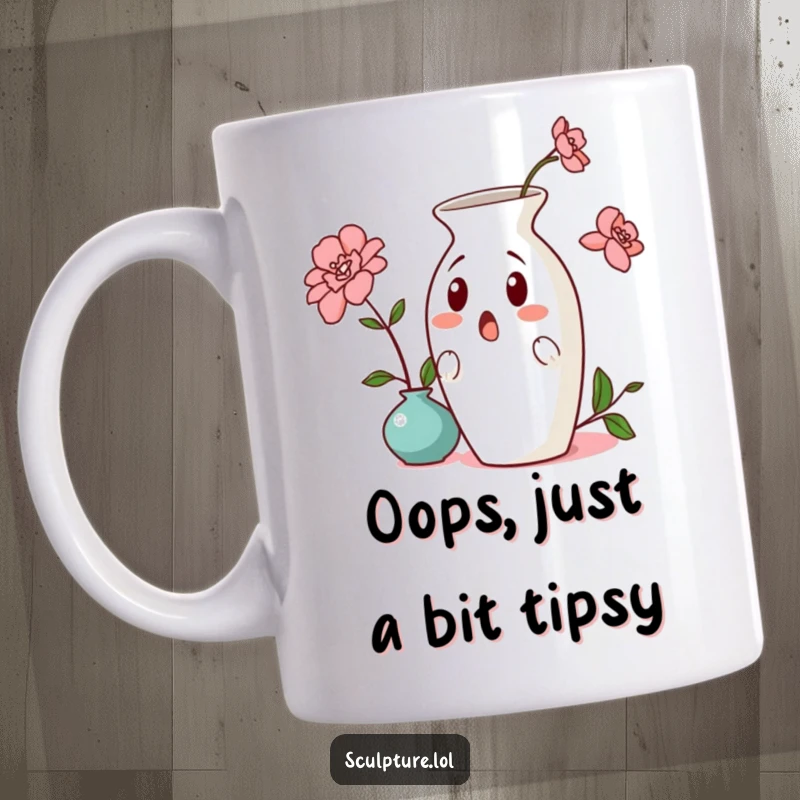 Funny surprised ceramic vase mug, leaning precariously with wide eyes, perfect for a humorous gift and quirky home decor.