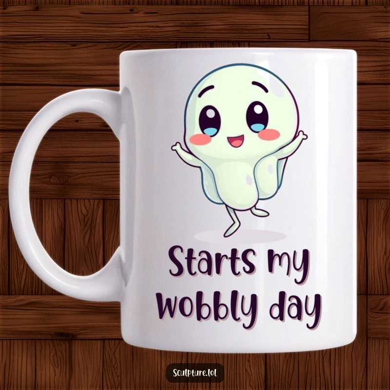 Funny mug with a wobbling jelly character performing a cute, jig-like dance with a joyful expression, radiating pure fun.