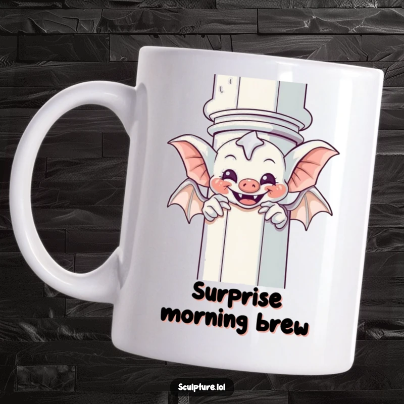 Funny Gargoyle Mug: A giggling gargoyle playfully peeks from behind a column, embodying humorous gothic charm.