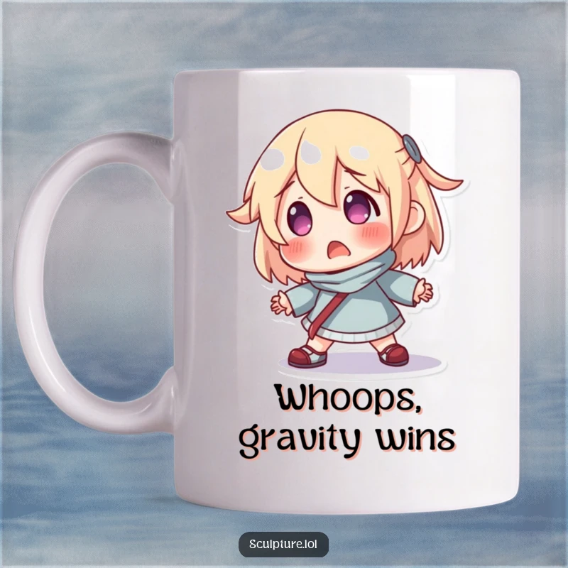 Funny mug featuring a surprised resin character mid-fall, arms flailing, expressing comical panic and imbalance.