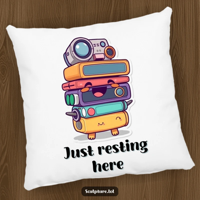 Funny pillow with a giggling found object character stacked comically, providing comfort and a humorous decorative touch.