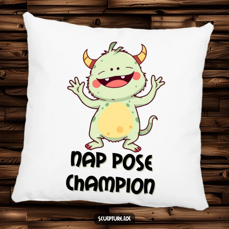 Funny pillow with a whimsical monster in a hilarious yoga pose, offering comfort and a humorous touch.