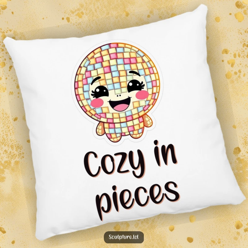 Funny pillow featuring a grinning mosaic character made of shimmering, happy tiles, perfect for artistic spaces.