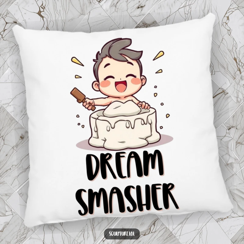 Funny pillow showing a joyful character gleefully destroying a plaster mold, offering comfort with a message of energetic liberation.
