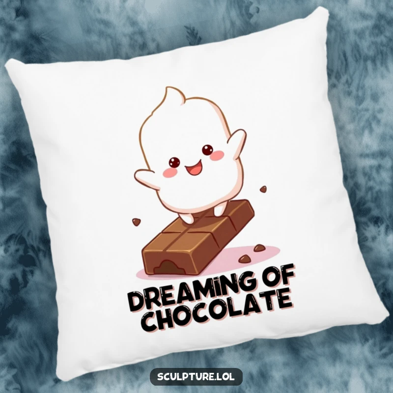 Funny fluffy marshmallow character pillow bouncing with glee on a chocolate bar, soft and sweet decor.