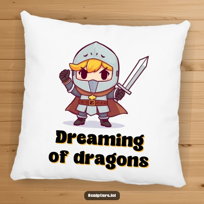 Funny small knight triumphantly holding a tiny sword, offering comfort. A humorous and cozy pillow.