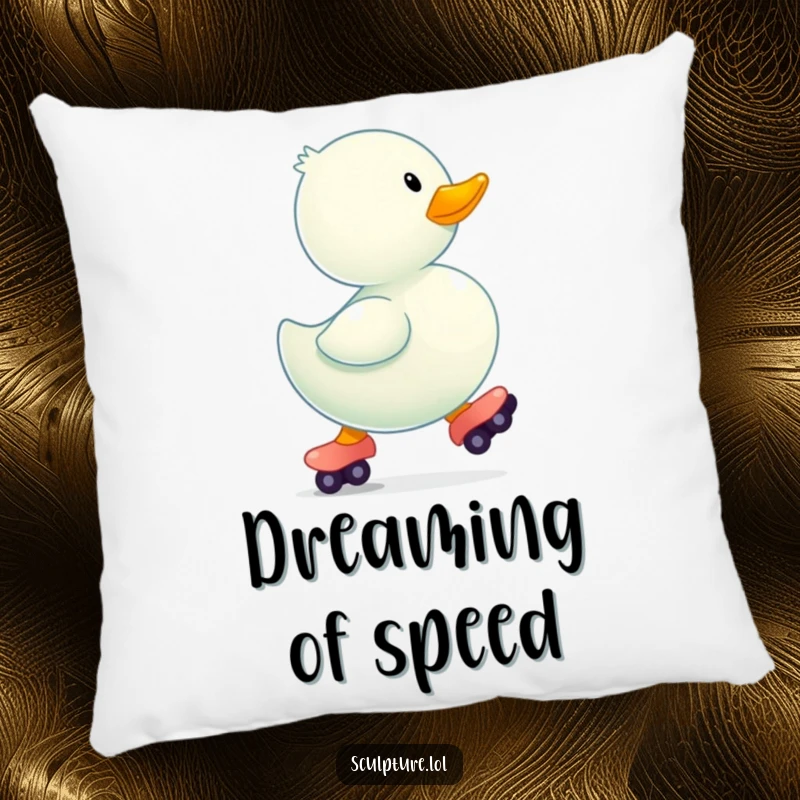 Funny bouncing rubber ducky wearing tiny roller skates on a soft, plush pillow.