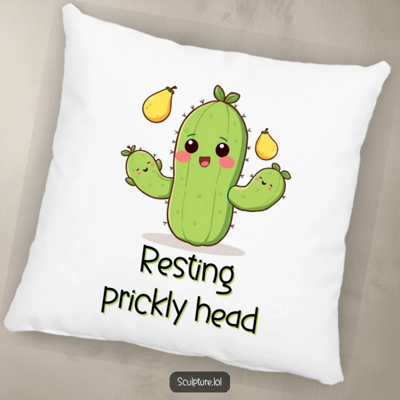 Funny pillow featuring a cheerful cactus with short arms juggling prickly pears, a soft and humorous home decor item.