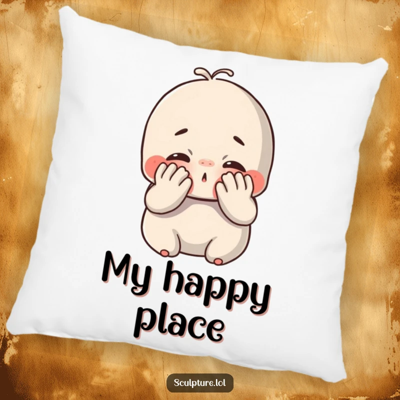 Funny chubby clay pillow featuring a cute character joyfully smushing its face with its hands, offering soft comfort and humorous delight.