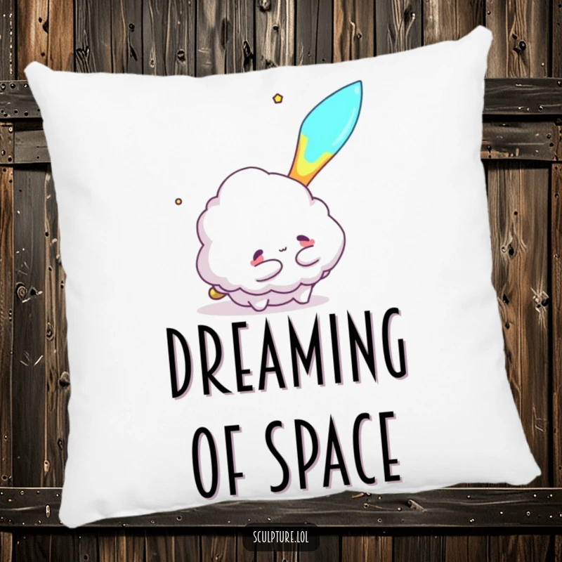 Funny pillow with a fluffy cloud character attempting to hug a meteor, providing cozy comfort and a splash of cosmic, humorous design.