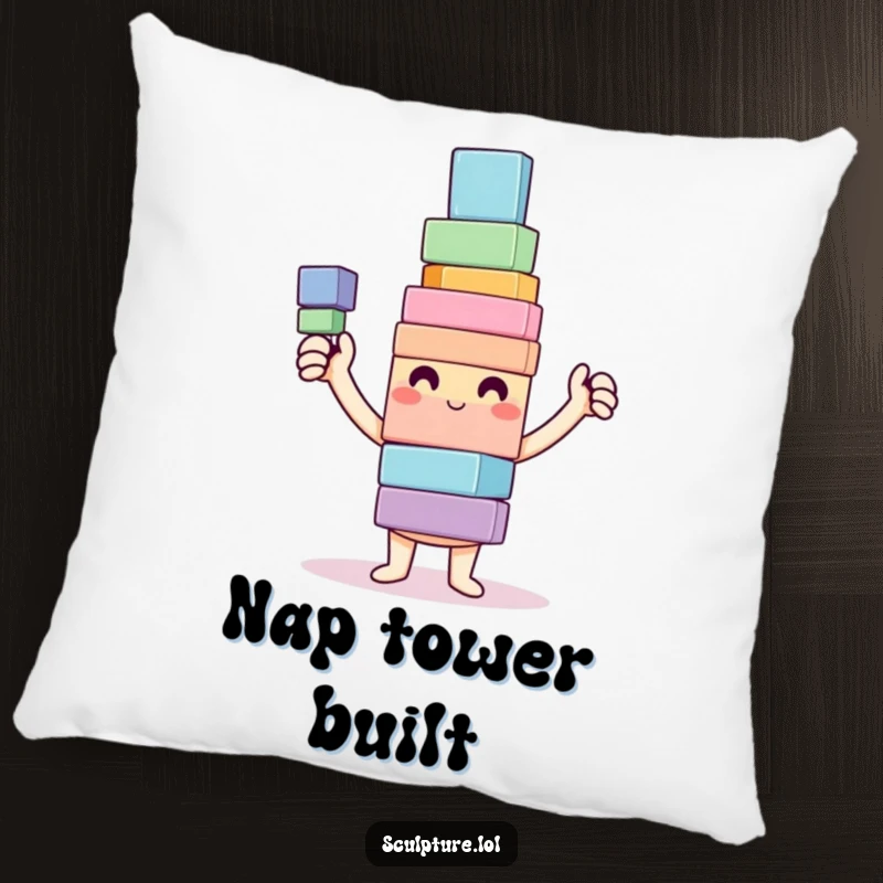 Funny Pillow with a happy character proudly displaying a colorful, wobbly tower of blocks, offering comfort and cheer.