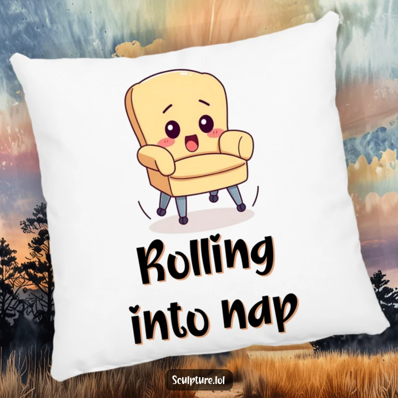 Funny pillow showing a surprised little chair with wheels spinning wildly, a comical and cozy addition to any room.