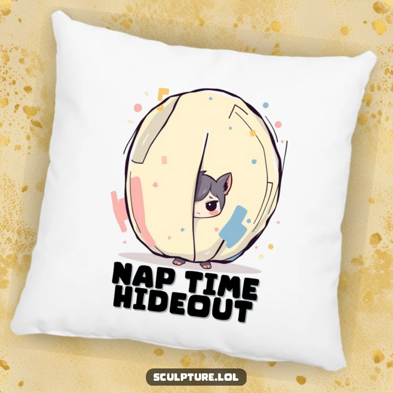 Funny pillow featuring a mischievous character peeking from behind a vibrant abstract art piece, offering a comfy spot for humorous relaxation.