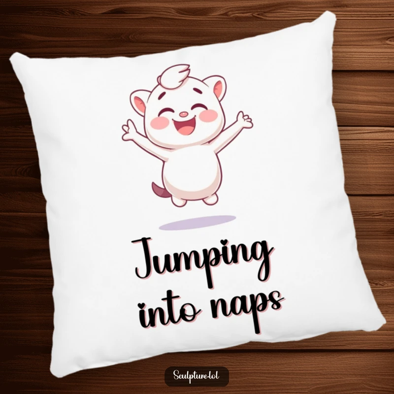 Funny plaster cast pillow with a giggling character jumping sideways, ideal for cozy, humorous spaces.
