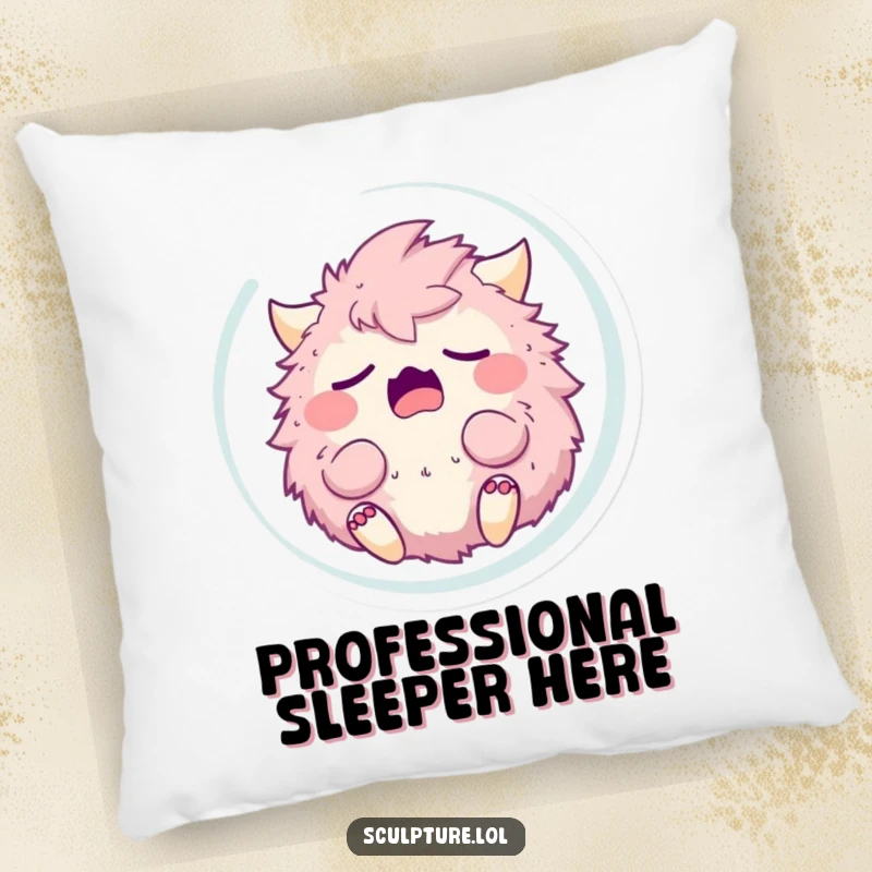 Funny sleepy fluffy monster yawning while floating in a bubble, offering comfort. A humorous and cozy pillow.