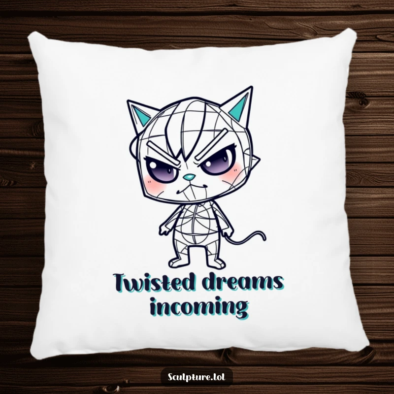 Funny wireframe pillow with a mischievous character in a peculiar, twisted pose, ideal for cozy, humorous spaces.
