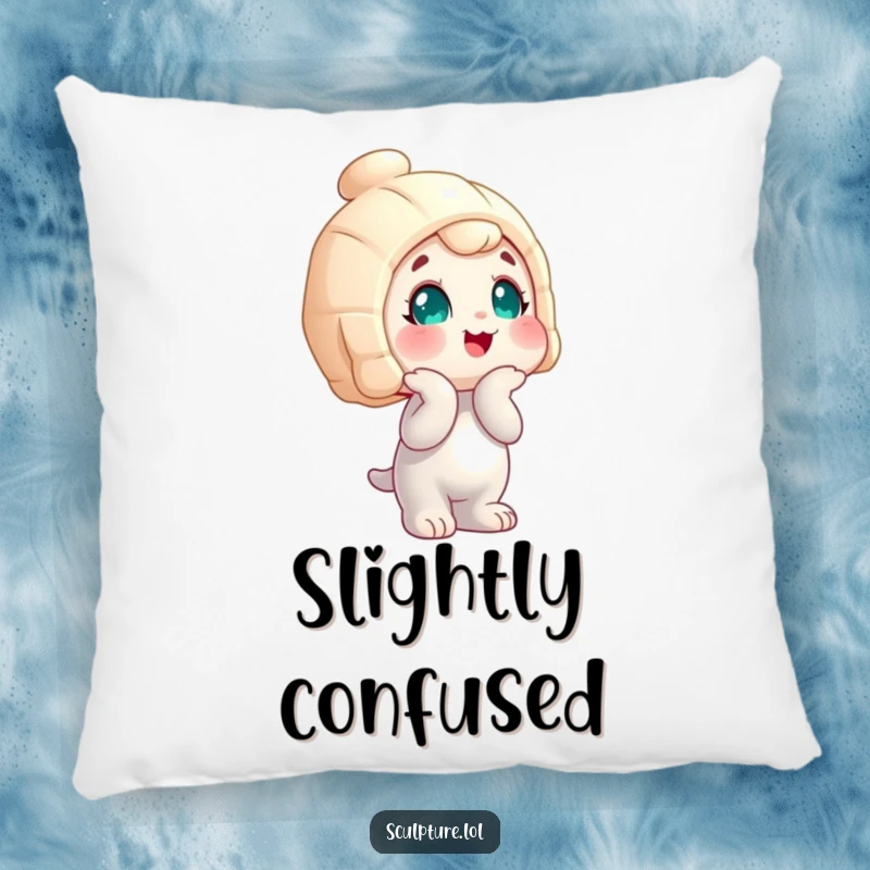 Funny wobbly statue character pillow, head tilted curiously, offering comfort and a humorous decorative accent.