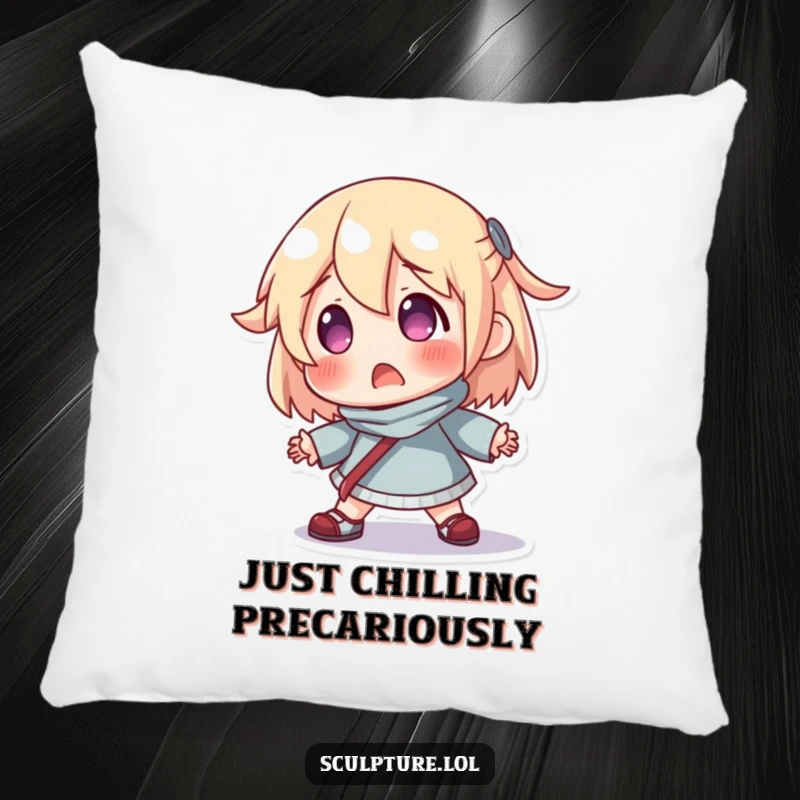 Funny decorative pillow featuring a surprised resin character comically losing its balance, offering amusing comfort.