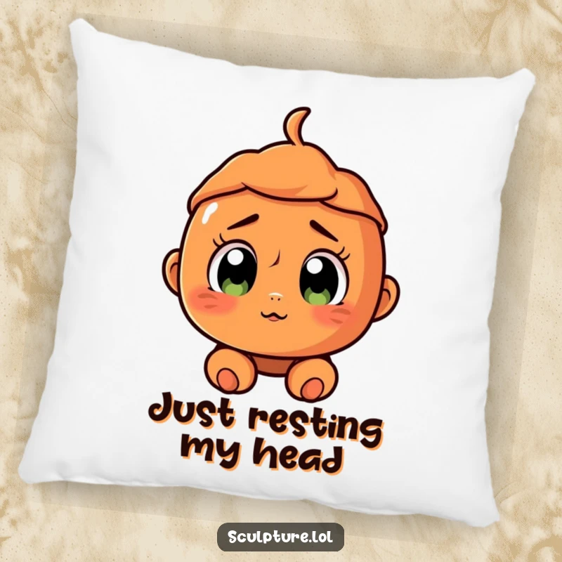 Funny surprised terracotta character pillow, with a cracked smile and wide eyes, offering humorous comfort and decor.