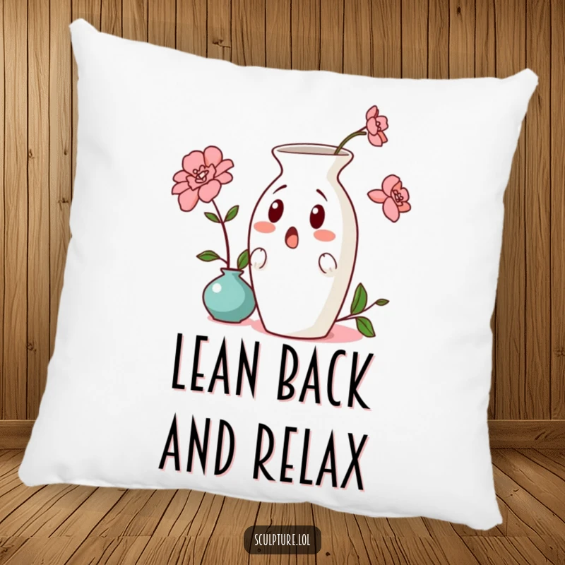 Funny surprised ceramic vase pillow, showing a soft, comical leaning vase, perfect for humorous home decor and a cozy accent.
