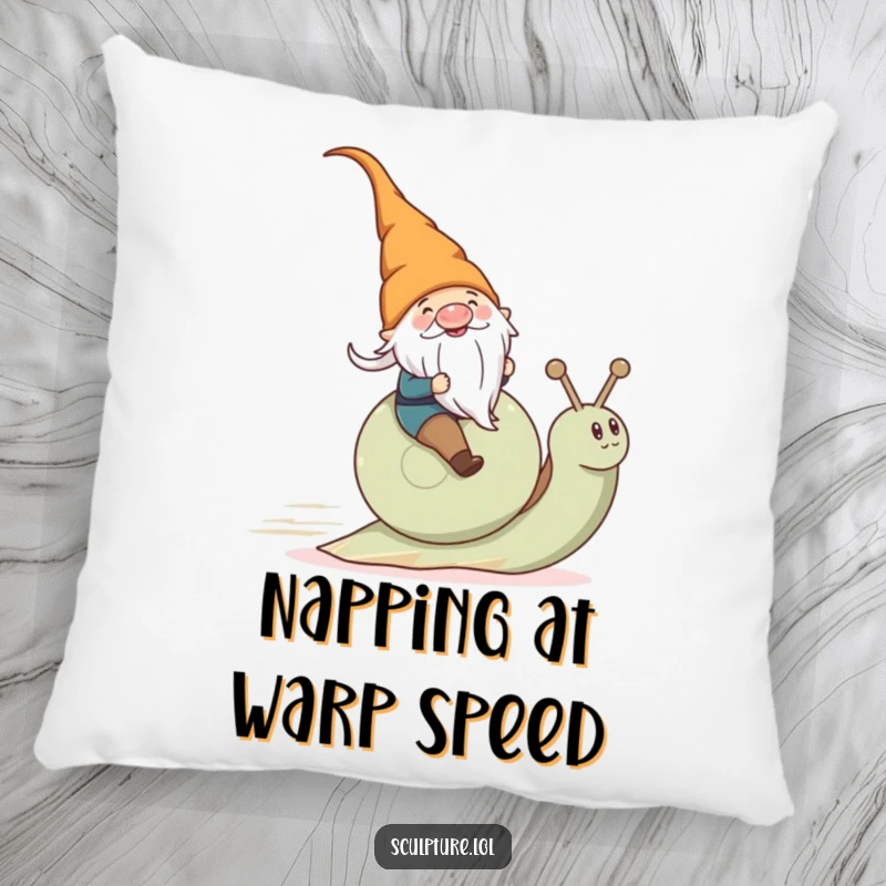 Funny gnome on a speeding snail, embroidered on a plush pillow, perfect for sofas.