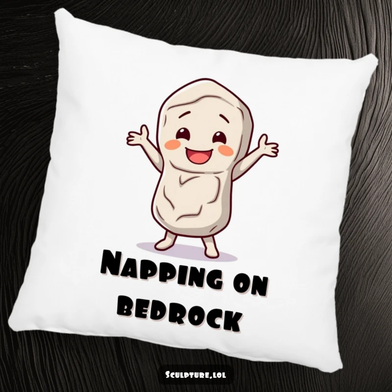 Funny stone figure pillow featuring a happy character doing a little dance jig, offering comfort with earthy humor.