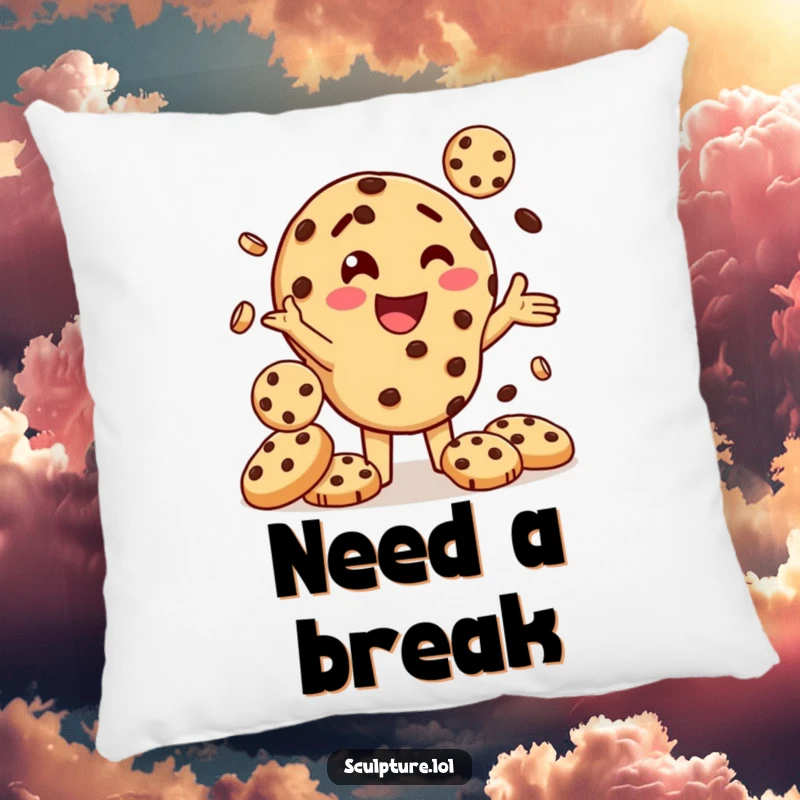 Funny pillow featuring a delighted chocolate chip cookie character juggling smaller cookies, offering comfort and a sweet, humorous touch.