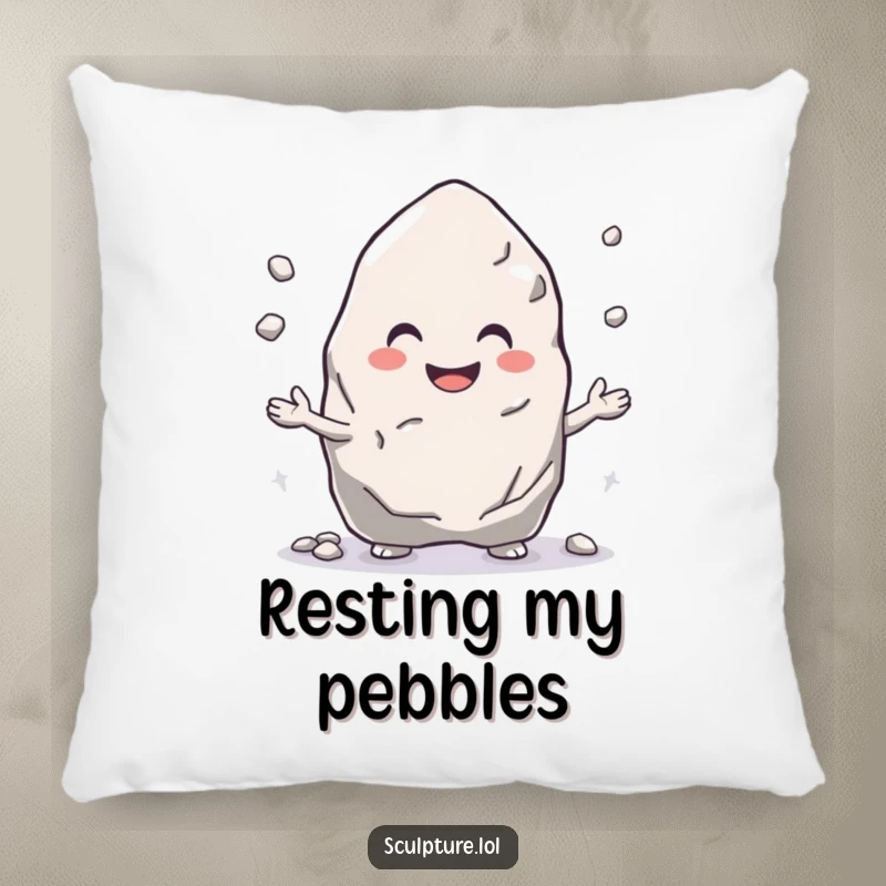 Funny pillow with a smiling rock juggling pebbles, offering comfort and a cheerful design.