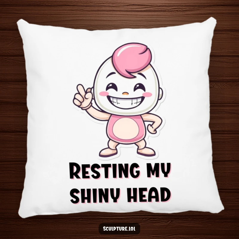 Funny metal casting pillow featuring a grinning character in a proud pose, offering soft comfort and humorous self-assurance.