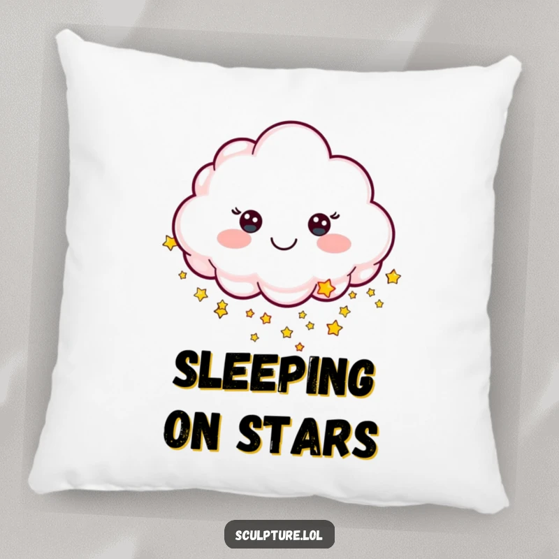 Funny pillow featuring a cheerful sculpted cloud character raining tiny stars, perfect for a dreamy atmosphere.